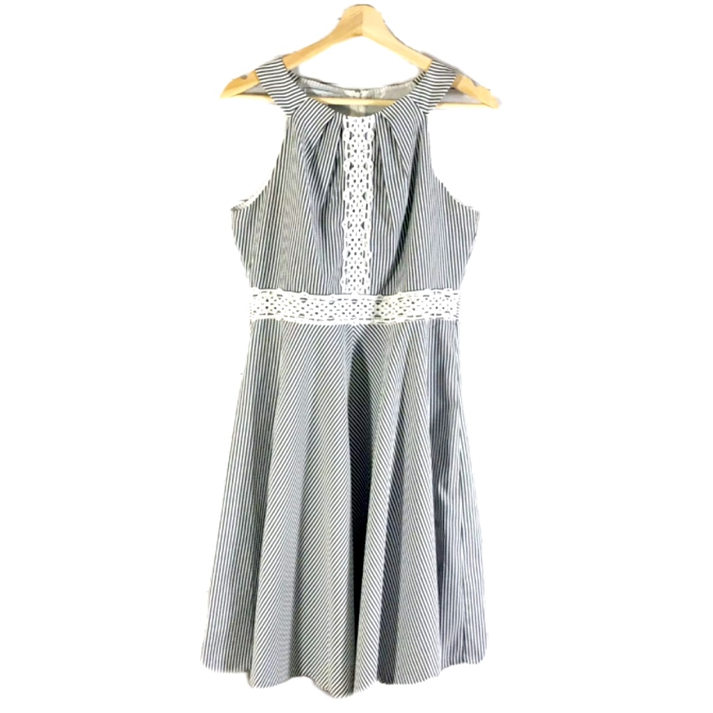 London Times Striped Fit & Flare Dress Sleeveless Gray White Sz 8